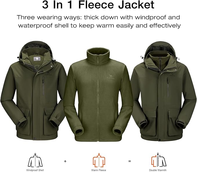 CAMEL CROWN Men's Ski Jacket 3 in 1 Waterproof Winter Jacket Snow Jacket Windproof Hooded with Inner Warm Fleece Coat