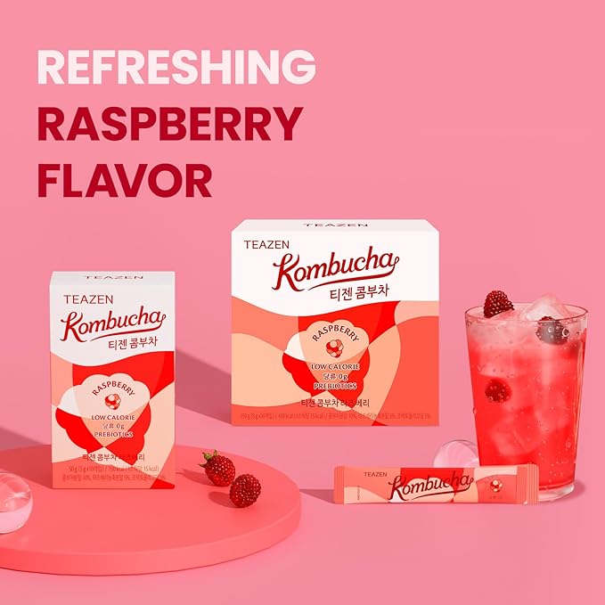 TEAZEN Raspberry Kombucha Tea, Hydration Drink Mix, Sugar Free, Live Probiotics & Prebiotics, 30 Sticks, 5.29oz