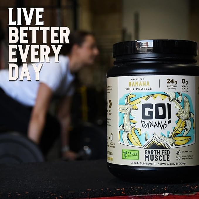 Earth Fed Muscle Go! Bananas Irish Grass‑Fed Whey Protein Isolate – All Natural Banana Flavor, Zero Added Sugar, Soy‑Free, Gluten‑Free (2lb, 27 Servings, Banana)