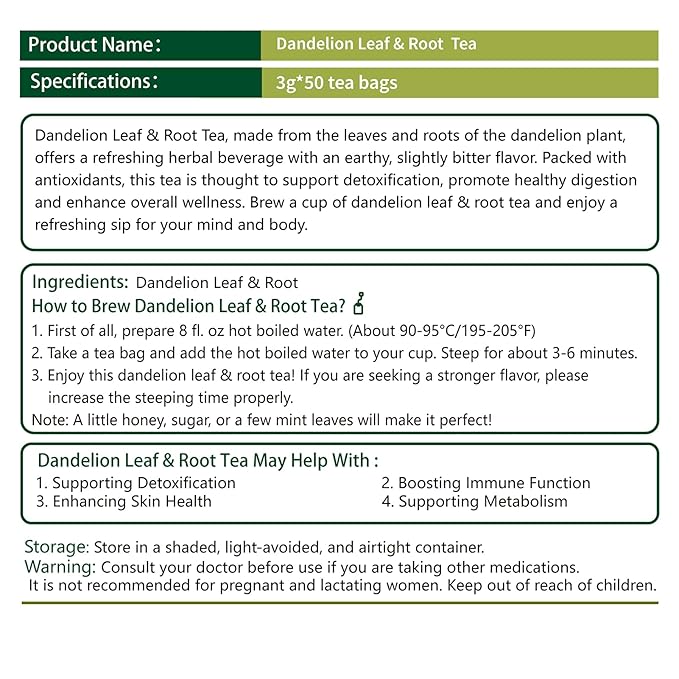 Samcci - Dandelion Leaf & Root Tea bags, 50 Teabags, Natural Roasted Dandelion Herbal Tea for Liver & Kidney Health, Support Digestion & Enhance Immune System, Caffeine Free