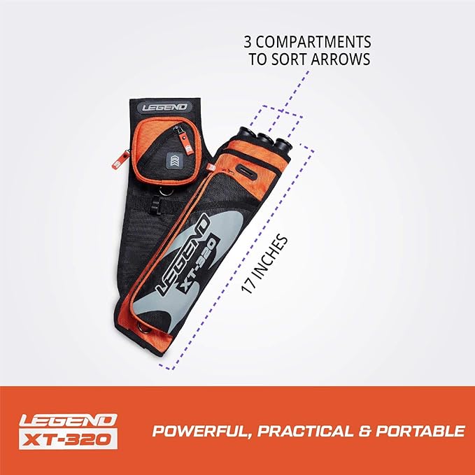 LEGEND XT320 Archery Quivers - Nylon Hip Quivers with 3 Arrow Tube Cases for Target Shooting - Adjustable Waist Belt, T-Slot, Storage Compartments for Accessories, Gear, Tools, Release Tab, Score Card