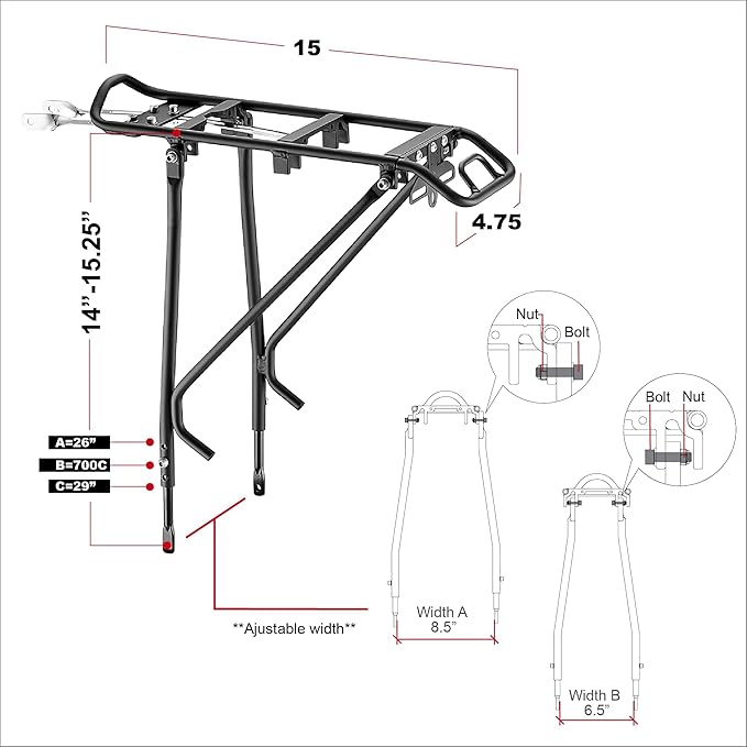 Ibera Bike Rack - Bicycle Touring Carrier Plus+ for Disc Brake/Non-Disc Brake Mount, Fat Tire Bikes, Frame-Mounted for Heavier Top & Side Loads, Height Adjustable for 26"-29" Frames