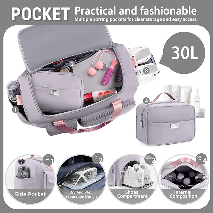FIORETTO Women's Gym Duffle Bag with Shoes Compartment, 37L Capacity, Ideal for Travel, Gym, Sports, Duffel, Weekender