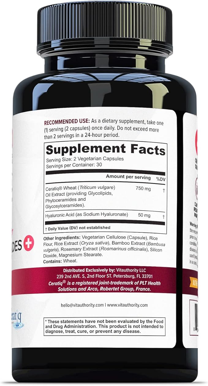 Hydrating Anti Aging Phytoceramides Supplement - Clinically Proven Ceratiq Ceramides with Hyaluronic Acid 700mg - Skin Barrier Repair Itchy Dry Skin Supplement for Women