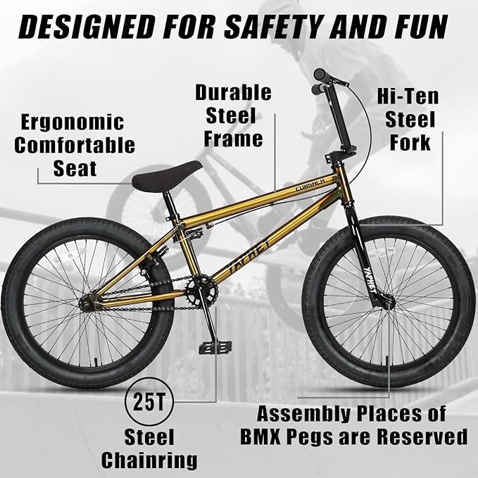 Freestyle BMX Bike, 20 Inch Yaphet Bicycle for Teen Beginner and Adult Riders, Bike with Hi-Ten Steel Frame, Multiple Colors