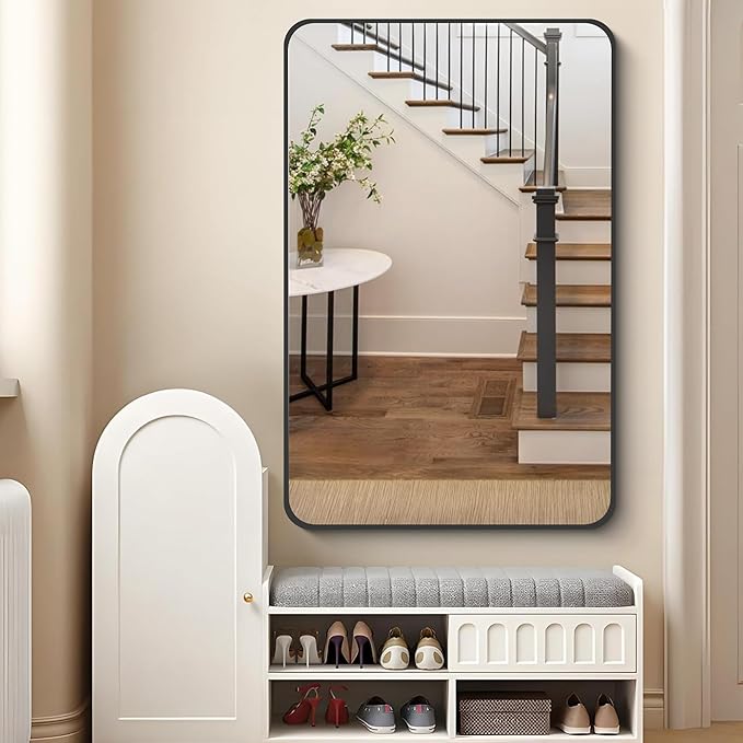 FORBATH Black Bathroom Mirror, Rectangular Vanity Mirror 30 x 48 Inch Wall Rounded Corner Metal Framed Bathroom Mirror for Living Room Bedroom Entryway Decor (Horizontal/Vertical)