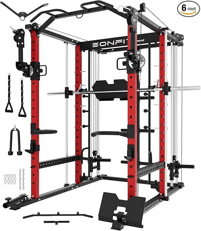 Eonfit E5 Smith Machine with Vertical Leg Press, Power Cage Squat Rack with LAT-Pull Down Cable Crossover Rotating Arms System Home Gym Equipment All in One (E5 RED)