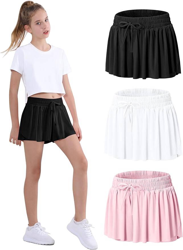 EXARUS Girls Butterfly Shorts Flowy Dance Skirt Cheer Skorts Athletic Tween Clothes Teen Preppy Outfits Flutter Kids