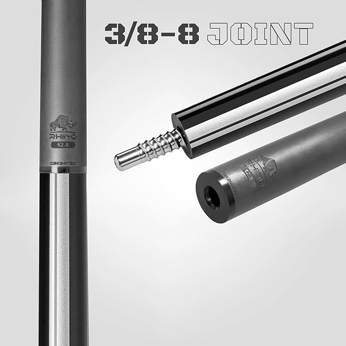 RHINO Nebula 2 Pool Cue - 100% Carbon Fiber Shaft & Composite Butt. Time Crystal Tip, Pro Taper Design, 12.4 mm,12.8 mm. 3/8-8 Joint, 3D Friction Grip. Low Deflection Pool Cue
