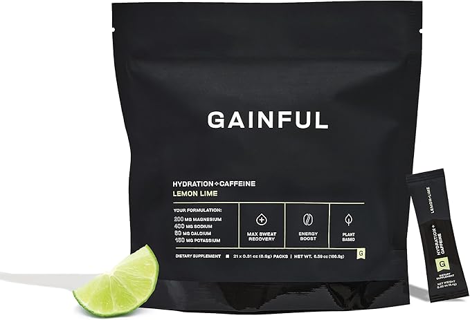 Gainful Hydration + Caffeine Packets with Key Electrolytes Magnesium & Sodium + L Theanine, Low Sugar Drink Mix, Lemon Lime, 21 Sticks
