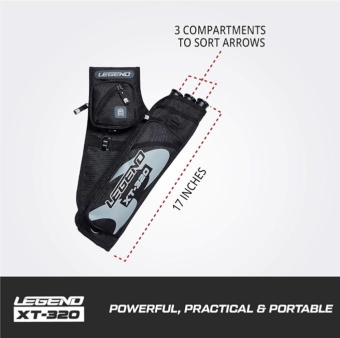 LEGEND XT320 Archery Quivers - Nylon Hip Quivers with 3 Arrow Tube Cases for Target Shooting - Adjustable Waist Belt, T-Slot, Storage Compartments for Accessories, Gear, Tools, Release Tab, Score Card