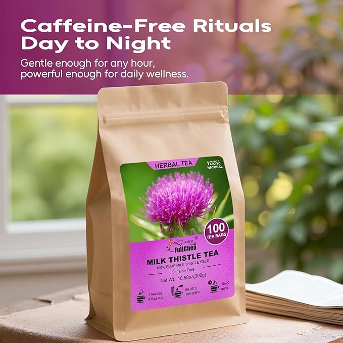 FullChea - Milk Thistle Tea Bags, 100 Count - Natural Liver Support & Detox - Premium Milk Thistle Seed - Caffeine-free Herbal Tea