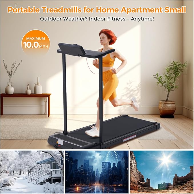 Folding Walking Pad Treadmill with Handle Bar, 3.5HP Compact Portable Foldable Walking Pads Treadmill with Handles, Electric Small Treadmills for Home Office Apartment, LED Display, 400 LBS Capacity