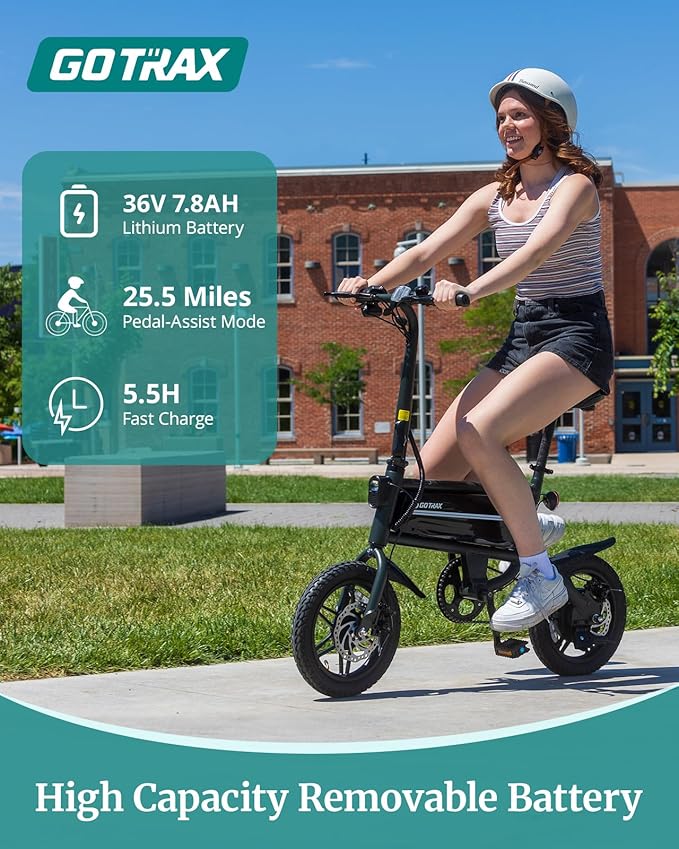 Gotrax Nano 14" Electric Bike, Max Range 25Miles(Pedal-Assist)&Max Speed 15.5Mph, 350W Folding E-Bike with Removable Battery, Adjustable Seat & Dual Mudguards, Commuter Electric Bicycle for Ages 13+