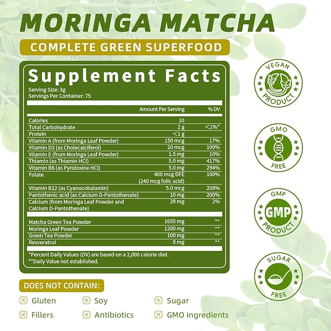 Matcha Moringa Powder – Superfood Blend with Green Tea & Resveratrol, Energy & Focus Support, Immune & Antioxidant Defense, Vegan, Gluten-Free, 8oz