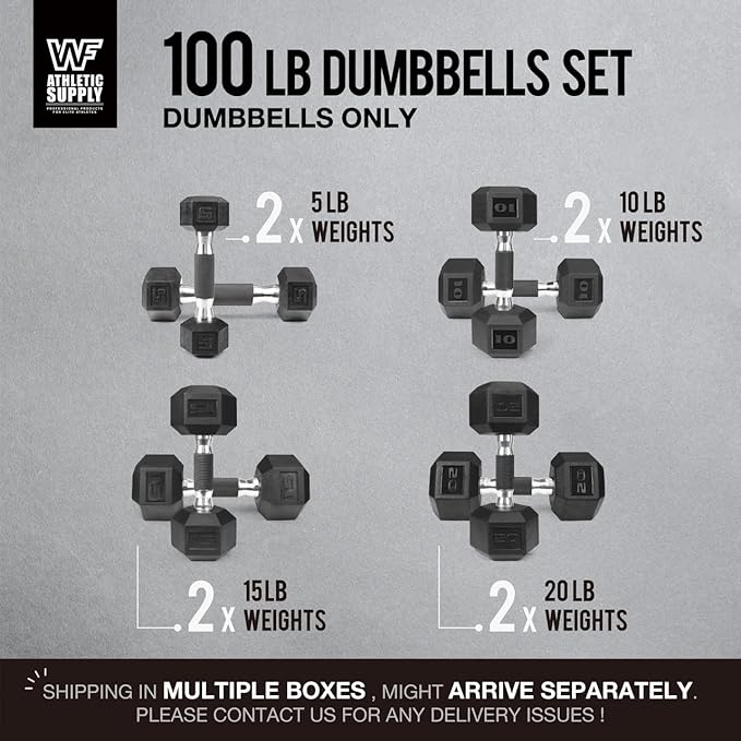 WF Athletic Supply Rubber Encased Hex Dumbbells with Rubber Grip Contoured Handle for Muscle Toning, Strength Building & Full Body Workout