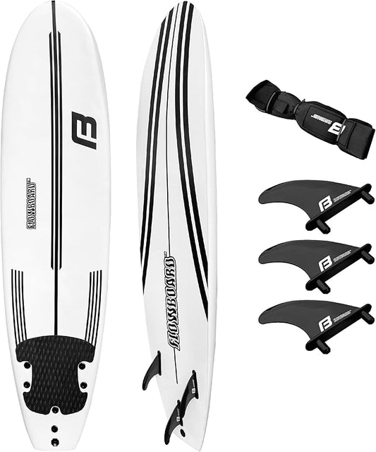 FLOWBOARD Surfboard Softboard Foam - Include (3) Fins 6’ Foot Leash and (2) Wood Stringers Inside Board Availalable in 6' and 7' Short Board and 8' Longboard