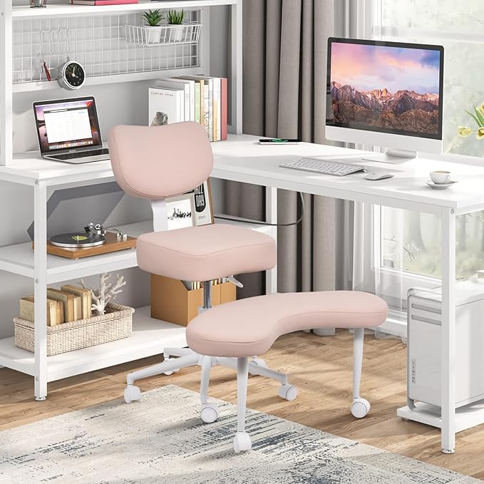 Meditation Chair Cross Legged ADHD Office Chair for Adults with Wheels Ergonomic Back Support and Leg Rest for Multi Position Criss Cross Sitting Kneeling and Yoga Height Adjustable, Leather Style