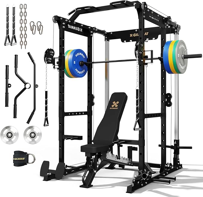 GXMMAT X6 Power Cage, 2200LB Multi-Function Power Rack with Independent Dual Aluminum Pulley System, Squat Rack for Home Gym Strength Training Equipment, Heavy-Duty Steel Construction