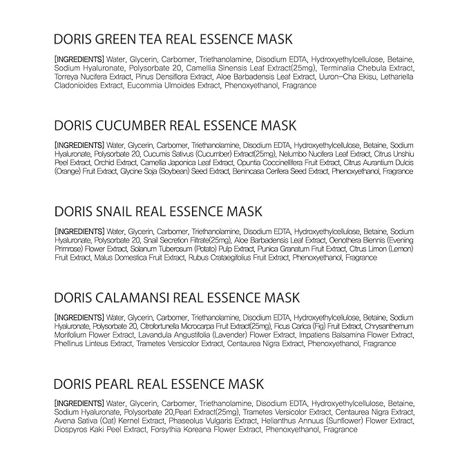 Doris Real Essence Mask 20 Combo Packs for Healthy Skin, K-Beauty Skincare Variety Pack