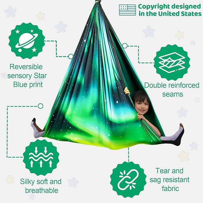 Double Layer Sensory Swing for Kids & Adults Holds up to 300lbs Indoor and Outdoor Therapy Cuddle Swing with 360° Swivel Hanger Kit Adjustable Swing with Aspergers Autism ADHD (Aurora Green)