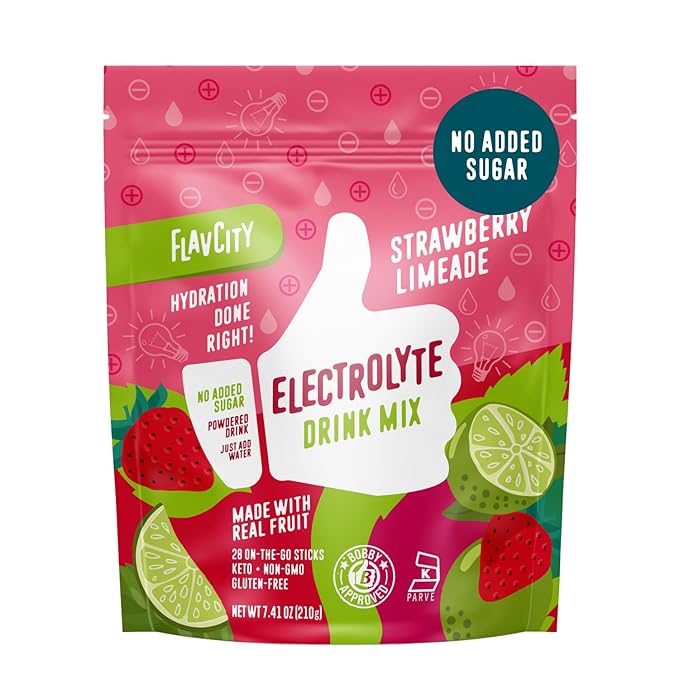 FlavCity Strawberry Limeade Electrolytes Powder Packets - 28 Hydration Packets - No Added Sugar - Hydration Powder with Real Fruit & Unrefined Sea Salt - Keto & Gluten-Free (28 Stick Packs)