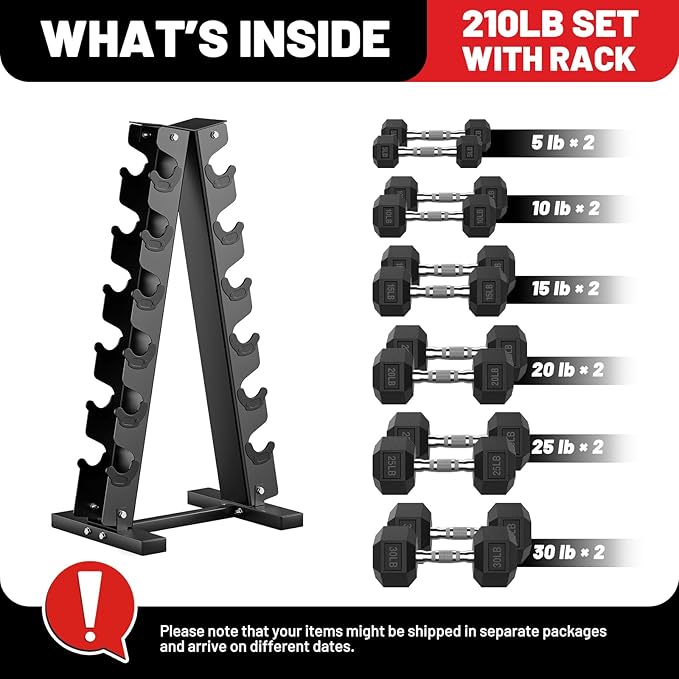 PAPABABE Hex Dumbbell Sets with Rack, 60-550lb Rubber Coated Dumbbell Weight Set and Storage Rack, Multiple Options Hand Weights for Strength Training