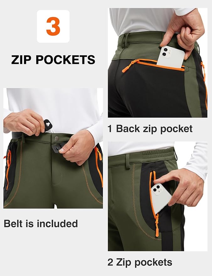 TBMPOY Men's Snow Ski Hiking Pants Waterproof Winter Fleece Lined Pants Camping Skiing Ice Fishing Pants with Belt