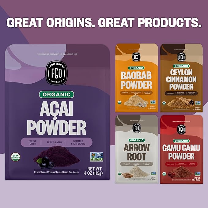 FGO Organic Acai Powder, 1 Pound / 16oz Bulk Resealable Pouch, Freeze Dried Superfood Berry from Brazil, No Sugar & Additives,Great for Drinks, Smoothie, & Beverages, Non-GMO (Pack of 1)