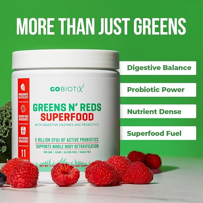 GOBIOTIX Super Greens and Reds Powder - Red and Green Superfood - Probiotic Supplement - Digestive Enzymes and Beet Root Powder - Organic Whole Foods Dietary Supplement (Pom Raspberry, 3 Pack)