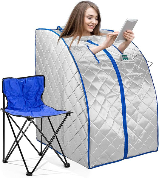 Infrared FAR IR Negative Ion Portable Indoor Personal Spa Sauna by Durherm with Air Ionizer, Heating Foot Pad and Chair, 30 Minutes Timer, Large, Silver