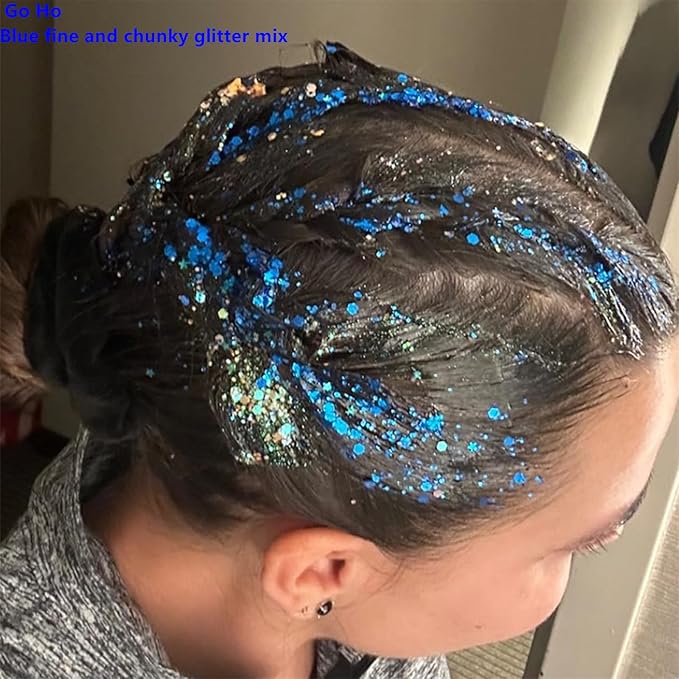 Go Ho Blue Face Body Glitter,Halloween Blue Face Paint Sparkling Mermaid Glitter Gel,Holographic Chunky Sequins Glitters for Eye Lip Hair Nails,Festival Rave Accessories