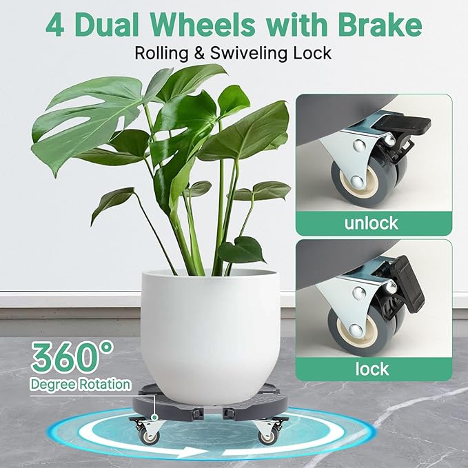 W B D WEIBIDA 2 Pack Plant Caddy with Wheels Heavy Duty Rolling Plant Stand Plant Roller Base for Large Planter Indoor Outdoor Round Dolly Cart with Casters