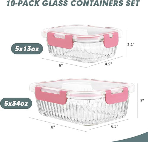 10 Packs Glass Meal Prep Containers with Lids, Glass Food Storage Containers Set, Airtight Lunch Containers, Microwave, Oven, Freezer and Dishwasher Safe, Pink