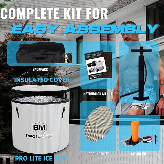Inflatable Ice Bath Tub for Athletes - Cold Plunge Tub Compatible Water Chiller, Insulated Lid, EVA Groundsheet, Backpack, 115 Gallon, 37.4" L x 37.4" W x 29.53" H