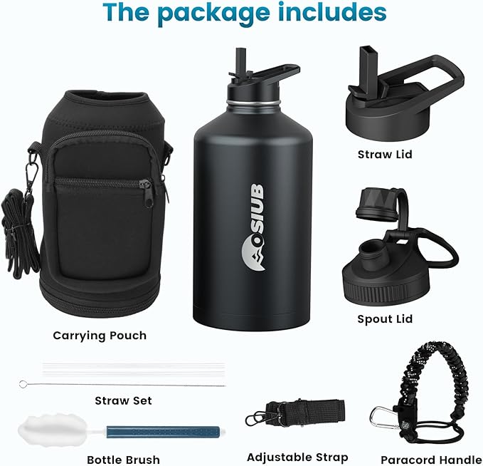 Insulated Water Bottle 64 oz, Triple Wall Vacuum Stainless Steel(Cold for 48 Hrs),Leak Proof & BPA-Free,Half Gallon Water Bottle with Reflective Paracord & Flip Straw for Sports & Travel, Black