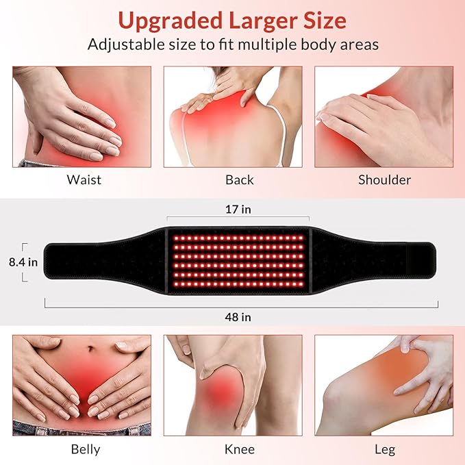 Red Light Therapy Belt, Rechargeable Infrared Light Therapy Device with Massage and Timer, Wearable 660nm&850nm Red Light Therapy Wrap Belt for Body Pain Relief(8.4’‘ * 48’‘）