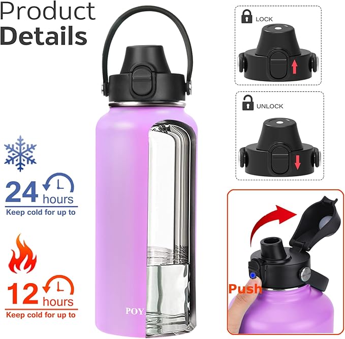 Water Bottle Insulated 32oz 40oz 64oz 128oz Straw Lid Spout Lid & 3 Lids, Leak Proof, Vacuum Insulated,Stainless Steel Water Bottle Wide Mouth for Sports, Gym or Office