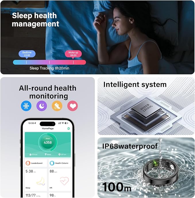Smart Ring for Women & Men, Smart Ring Health Tracker, Blood Oxygen & Heart Rate Monitor Sleep Ring, Waterproof Fitness Ring, Long Lasting Battery Smart Rings (Silver, 10)