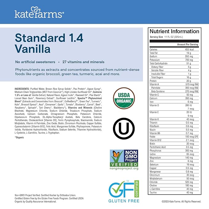 KATE FARMS Organic 1.4 High Calorie Nutrition Shake, Vanilla, 20g Protein, 27 Vitamins and Minerals, Meal Replacement, 11 oz (6 Pack)