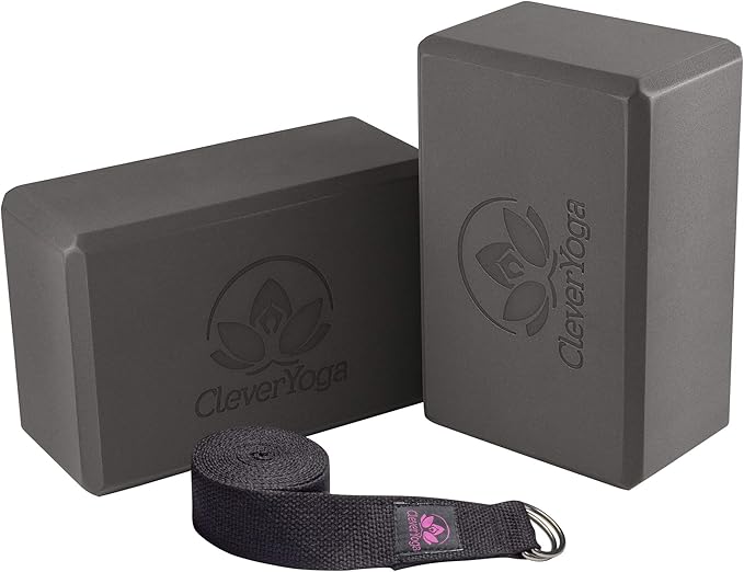 Clever Yoga Blocks & Strap - Lighweight Foam Yoga Blocks 2 Pack with 8ft Cotton Yoga Strap Set Kit for Beginners & Pros, Accessories & Equipment for Women & Men - Gray