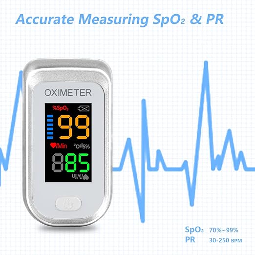 Fingertip pulse oximeter, large LED screen heart rate monitor, oxygen monitor fingertip, accurate and rapid reading, pulse oximeter with lanyard [silver white]