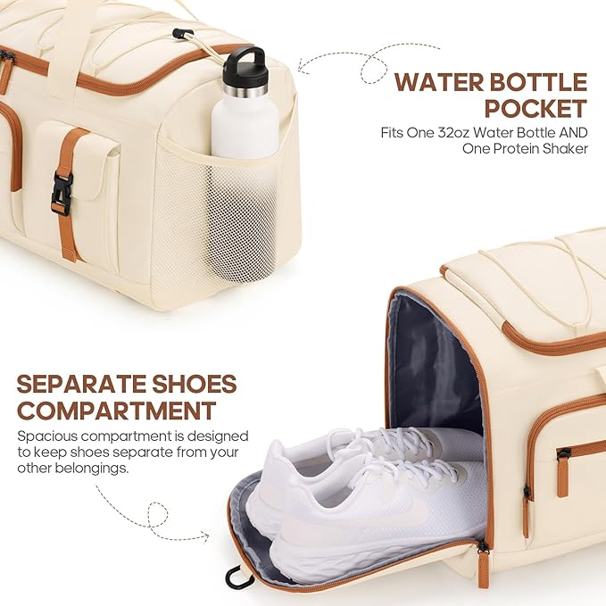 Gym Bag for Men and Women with Shoe & Laptop Compartment, 3-in-1 Sports Travel Duffel Bag Anti-Theft Weekender Carry-On Backpack for Airplane & Workout, Overnight Travel Bag,35L (Beige, Medium)