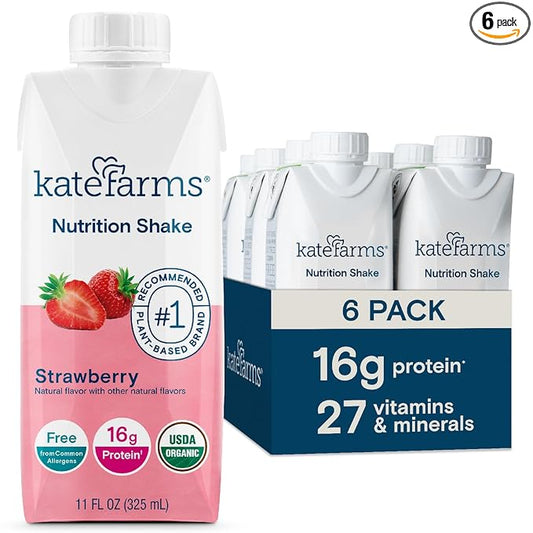 KATE FARMS Organic Nutrition Shake, Strawberry, 16g of Protein, 27 Vitamins and Minerals, Meal Replacement, Protein Shake, 11 Fl oz (6 Pack)