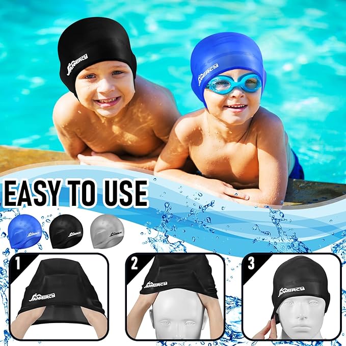 Janmercy 3 Pcs Swim Caps for Boys Girls Silicone Swimming Hat with 3D Ear Pockets for Age 6-15 Bath Hats Short/Long Hair with Ear Plug Nose Clip Supplies