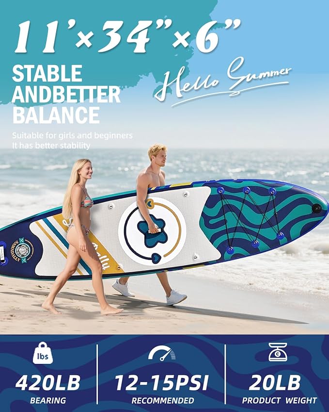 11'Stand Up Paddle Boards Surf Control with Premium SUP Board Accessories Backpack & Removable Fins, 34" Wide Inflatable Paddle Boards of All Skill Levels