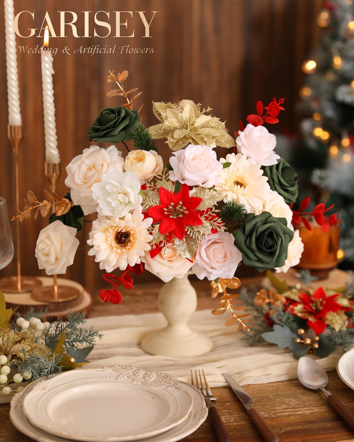 Christmas Artificial Flowers Poinsettia Flower Mix Silk Flowers Fake Roses with Stems for DIY Table Centerpieces Christmas Tree Xmas Wreath Holiday Home Party Decor
