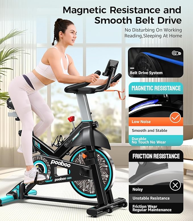 pooboo Exercise Bike, Adjustable Magnetic/Brake Pad Resistance Silent Belt Drive, Indoor Cycling Bike for Home Cardio, Fitness Stationary Bike with 350lbs/300lbs Weight Capacity &Upgraded Version Seat