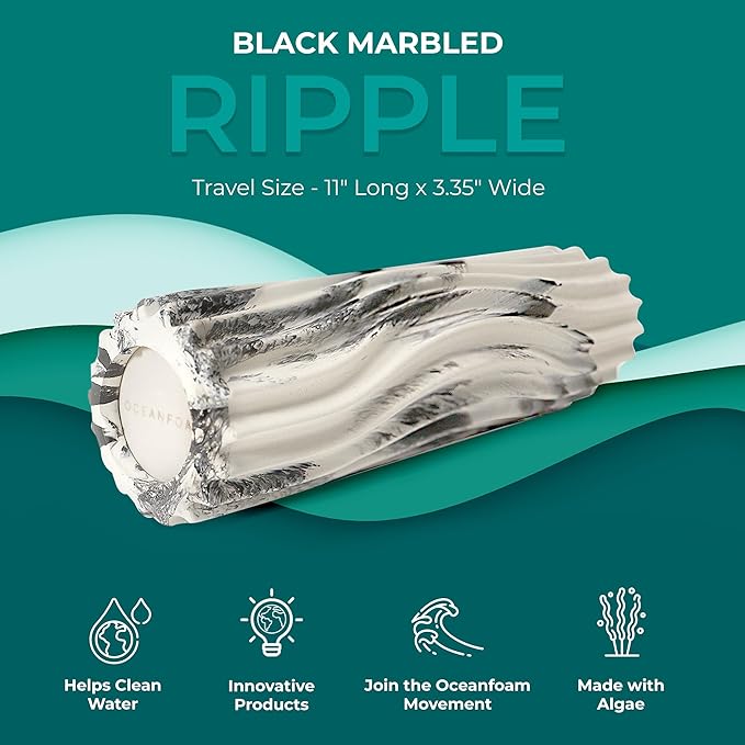 Oceanfoam Ripple Travel Foam Roller (11" x 3.35") Firm Mini Foam Roller for Physical Therapy, Deep Tissue Massage, Back Pain - High Density, Ergonomic Wave Textured - Yoga, Exercise (Black Marbled)