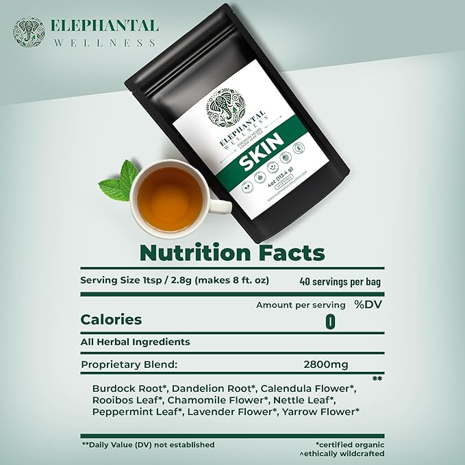 Elephantal Wellness Premium Skin Herbal Tea | Radiance & Clarity Support with Burdock, Dandelion Root Tea, Nettle, Calendula & Lavender | Non-GMO, Caffeine-Free, Handmade Loose Leaf Blend, 4oz Loose Leaf, 40 Servings